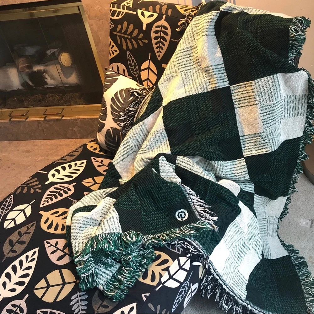 Green Cream Squares 100% Finest Quality Cotton Throw / Bedspread Blanket 50
